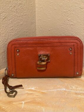 Chloe Orange Leather Zip-Around Wallet with Heart Charm